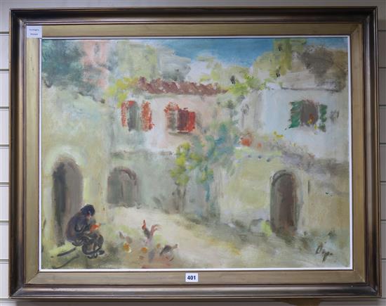 Italian School, oil on canvas, Figure feeding chickens in a courtyard, indistinctly signed, 60 x 80cm